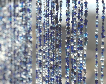 Beaded Curtain: Cobalt Blue Light Glass Bead Curtain Accent, Handmade Coastal Style