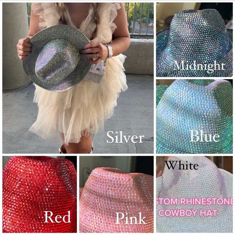 K&ouml;nnte beinhalten: Eine Sammlung von Strass-Cowboyh&uuml;ten in verschiedenen Farben, darunter Silber, Mitternachtsblau, Wei&szlig;, Rot, Rosa und Blau. Die H&uuml;te sind alle mit Strass besetzt und haben eine klassische Cowboyhutform.