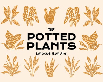 Lote de plantas en macetas con grabado en linóleo / Jardinería con linóleo / Descarga de PNG florales / Diseño de flores / Plantas de interior / Póster de plantas