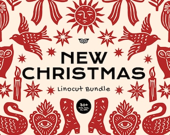 New Christmas Linocut Clipart Bundle | Modern Hand-Carved Holiday Illustrations | Rustic Xmas Trees Ornaments Icons | PNG SVG EPS
