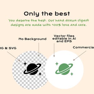May include: Digital clipart featuring a planet with rings and stars. Text reads: Only the best. You deserve the best. Our hand drawn clipart designs are made with 100% love and care. PNG & SVG, No Background, Vector files editable in Ai and EPS, Commercial Use.