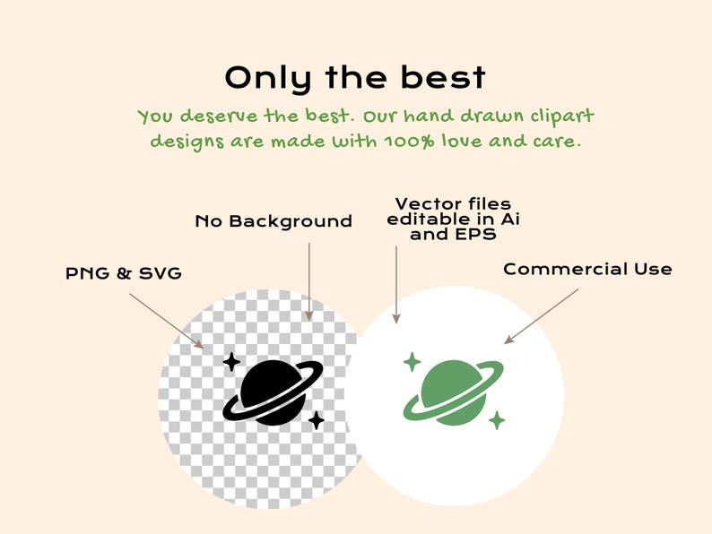 May include: Digital clipart featuring a planet with rings and stars. Text reads: Only the best. You deserve the best. Our hand drawn clipart designs are made with 100% love and care. PNG & SVG, No Background, Vector files editable in Ai and EPS, Commercial Use.