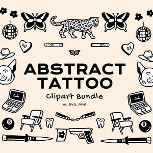 Paquete de imágenes prediseñadas de tatuajes abstractos, inspiración para tatuajes vectoriales dibujados a mano, ilustraciones de tatuajes sencillos SVG, tatuajes de animales PNG