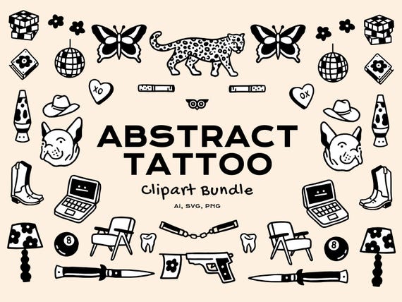 Abstract Tattoo Clipart Bundle, Handrawn Vector Tattoo inspo, Simple Tattoo Illustrations SVG, Animal Tattoos PNG