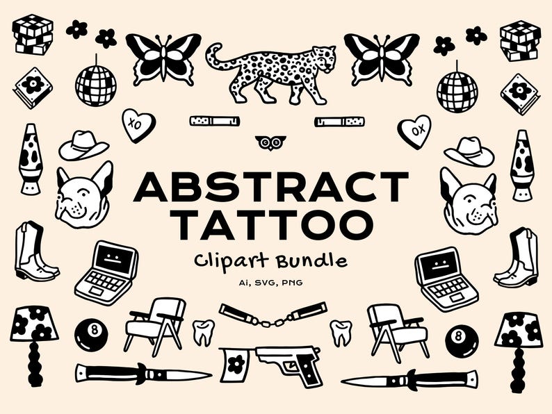 Abstrakt tatuering clipart-paket, handritad vektortatueringsinspiration, enkla tatueringsillustrationer SVG, djurtatueringar PNG bild 1