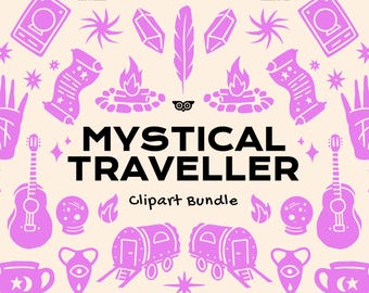 Mystical Traveller Clipart Bundle, Spiritual Handrawn Linocut, Magical PNG illustrations, Linoprint bold SVG files