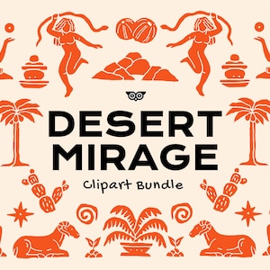 Zestaw clipartów Desert Mirage, druk linorytowy Country Western, odważna sztuka, obrazy PNG, ilustracje SVG z duchową pustynią, wektorowy linoryt zachodni