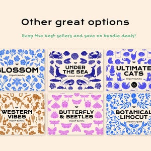 May include: A digital display featuring six rectangular graphic design bundles with the text Other great options and Shop the best sellers and save on bundle deals. The bundles include Blossom, Under the Sea, Ultimate Cats, Western Vibes, Butterfly & Beetles, and Botanical Linocut with various blue, brown, and pink illustrations.