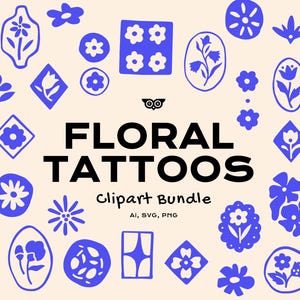 Bundle de cliparts tatouages floraux, conception de tatouage dessinée à la main SVG, conception de fleur simple, PNG botanique minimal, tatouages de fleurs de vecteur