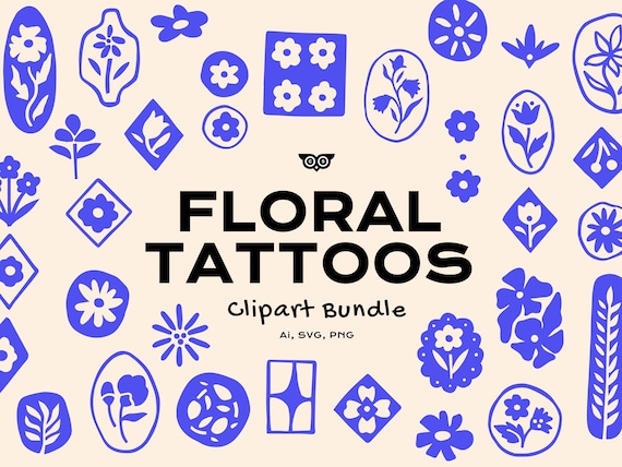 Floral Tattoos Clipart Bundle, Handrawn Tattoo design SVG, Simple flower design, Minimal botanical PNG, Vector Flower Tattoos