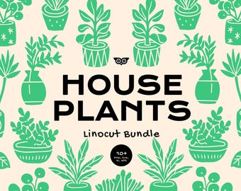 House Plants Linocut Bundle, Handrawn potted plants SVG, PNG Silhouette fern, Indoor plants clipart canva