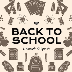 Lot de cliparts linogravure pour la rentrée scolaire, fichiers PNG de fournitures scolaires, devoirs SVG et toile de salle de classe, travail de linogravure