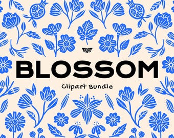 Blossom Clipart Bundle, Handrawn Linocut Flower PNG, Floral SVG files, Editable Botanical art, Flower Clip art, Roses Vector