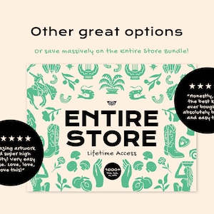 Puede incluir: Una pantalla gr&aacute;fica digital con el texto "Other great options" y "Entire Store Lifetime Access" con un patr&oacute;n de ilustraciones verdes que incluyen botas vaqueras, setas y figuras sobre un fondo crema, flanqueado por dos burbujas de rese&ntilde;as circulares negras.