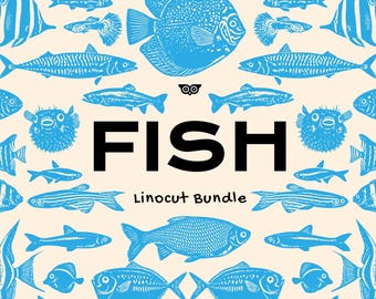 Paquete de linograbado de peces, imágenes prediseñadas de peces vintage, paquete de archivos SVG, PNG y EPS de pesca, ilustraciones náuticas de linograbado, paquete gráfico marino del océano