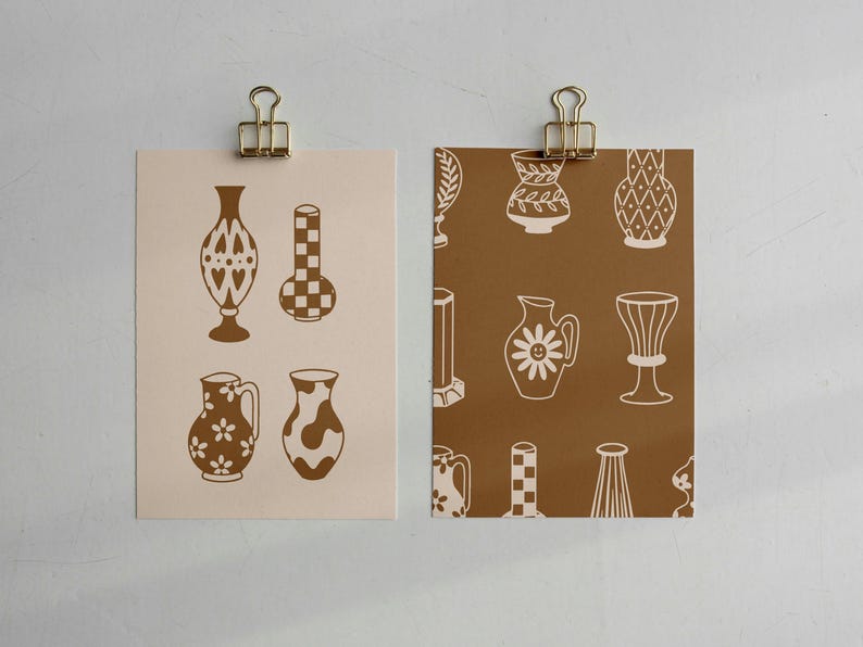 Pacchetto di clipart di vasi astratti in linoleografia / Vaso in ceramica moderno SVG / Clipart di vaso di metà secolo / Ceramica minimalista vettoriale / Decorazione per la casa boho PNG immagine 3