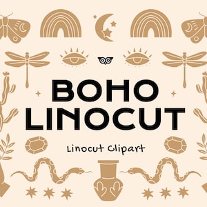 Boho Linosnede clipartbundel, abstracte bohoillustraties, boho vector SVG-bestanden, boho babyshower png, maan kindafbeelding