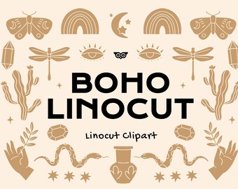 Può includere: Una collezione di illustrazioni color marrone chiaro in stile linoleografia con falene, arcobaleni, lune, stelle, libellule, cristalli, cactus, occhi, mani, serpenti e un vaso. Il testo BOHO LINOCUT e Linocut Clipart è scritto in nero.
