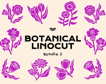 Botanical Linocut Bundle 2, Hand drawn Flowers Set, PNG Flowers, Vector Floral, Botanical Clipart, Wedding flowers, plants, Flower icons