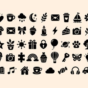 May include: A collection of black icons arranged in a grid on a light background. The icons include various shapes such as hearts, stars, flowers, cameras, food items, nature elements, transportation, and household objects, all rendered in a flat style.