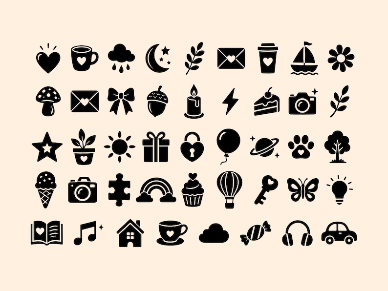 May include: A collection of black icons arranged in a grid on a light background. The icons include various shapes such as hearts, stars, flowers, cameras, food items, nature elements, transportation, and household objects, all rendered in a flat style.