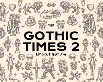 Gothic Times 2 Linoleumsnittspaket | Medeltida gotisk clipart volym 2 | Mörk symbolisk linoleumsnittskonst | PNG SVG eps Ai