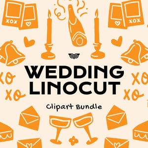 Bundle de cliparts linogravure mariage, motif mariage SVG, linogravure PNG romantique, linogravure dessinée à la main, Illustration de dîner de mariage