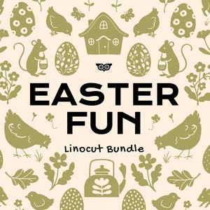 Puede incluir: Fondo beige con un patrón repetitivo de ilustraciones de linograbado de Pascua en verde oliva. El diseño incluye huevos, pollos, conejos, ratones, flores y las palabras "EASTER FUN" en negrita negra. Debajo está escrito "Linocut Bundle".