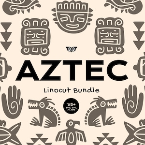Lot linogravure aztèque, silhouette ancienne dessinée à la main, motifs mexicains PNG, reliques traditionnelles SVG, illustrations aztèques canva