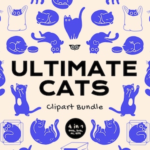Ultimative Katzen Clip Art Bundle, 4 in 1 SVG-Kätzchen-Sammlung, PNG-Dateien für schwarze Katzen, handgezeichnete Linolschnitt-Katzenvektoren