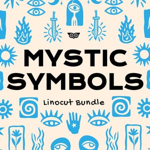 May include: A cream-colored background featuring the black text MYSTIC SYMBOLS and Linocut Bundle, surrounded by a pattern of blue illustrations including eyes, swords, flames, suns, flowers, spirals, hands, and human figures.