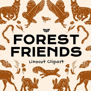 Imágenes prediseñadas de amigos del bosque en linóleo, SVG de animales, PNG de criaturas del bosque, imágenes prediseñadas de animales del bosque, siluetas de animales dibujadas a mano en linóleo