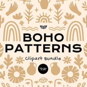 May include: A beige background features a repeating pattern of tan-colored boho-style illustrations. The design includes rainbows, hands, cacti, flowers, and faces. The words "BOHO PATTERNS Clipart Bundle" are in the center.