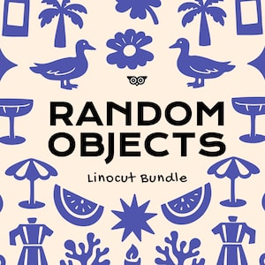 May include: A repeating pattern of blue linocut illustrations on a cream background. The design includes ducks, flowers, cocktail glasses, umbrellas, and the text "RANDOM OBJECTS Linocut Bundle".