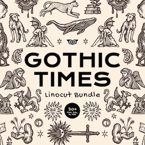 Puede incluir: Un fondo beige presenta una colección de ilustraciones en linograbado en blanco y negro. El diseño incluye imágenes de ángeles, perros, una ballena, un guepardo y las palabras "Gothic Times" en negrita. Un gráfico circular indica 30+ archivos PNG, SVG y AI.