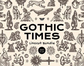 Gothic Times linoleumsnittspaket | Medeltida gotisk clipart, mörka vintagegravyrer, handskurna linoleumsnittsillustrationer, PNG SVG EPS