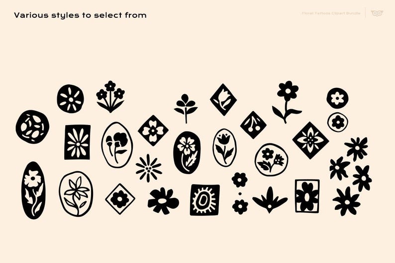 Paquete de imágenes prediseñadas de tatuajes florales, diseño de tatuaje dibujado a mano en formato SVG, diseño floral simple, PNG botánico minimalista, tatuajes florales vectoriales imagen 2