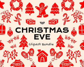 Christmas Eve Clipart Bundle, Hand drawn holidays Linocut, Festive Linoprint Vectors, PNG Christmas files