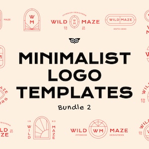 Könnte beinhalten: Eine Sammlung minimalistischer Logo-Vorlagen in Rot und Schwarz. Die Logos zeigen die Buchstaben "WM" in verschiedenen Designs, mit den Wörtern "WILD MAZE" und "INTERIOR DESIGNERS". Der Text "MINIMALIST LOGO TEMPLATES Bundle 2" wird angezeigt.