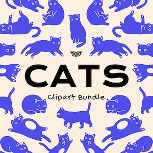Bundle de cliparts chats, vecteur de chatons, fichiers PNG et SVG de chat dessinés à la main, clipart miaou linogravure