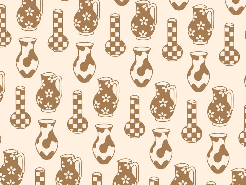 Pu&ograve; includere: Un motivo ripetuto su sfondo color crema chiaro con illustrazioni marroni di tre tipi di recipienti: brocche con motivo a fiori a cinque petali, vasi con motivo a scacchi e vasi con un design a macchie organiche irregolari.