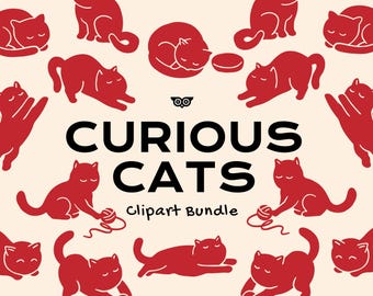 Curious Cats Clipart Bundle, Vector kittens, Handrawn cat PNG and SVG files, Lazy Linocut cat clip art