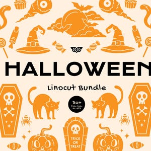 Może przedstawiać: Pomarańczowy zestaw linorytów o tematyce Halloween z ilustracjami kotów, kapeluszy czarownic, dyni i słowem "HALLOWEEN". Projekt zawiera tekst "Linocut Bundle" i "30+ PNG, SVG, AI, EPS".