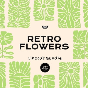 May include: A digital art design featuring a collection of retro-style floral illustrations in light green on a cream background. The text "RETRO FLOWERS" is displayed in bold black letters, with "Linocut Bundle" below.