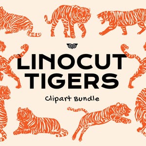 May include: A set of ten orange linocut tiger illustrations. The tigers are in various poses, including walking, running, and sitting. The illustrations are in a simple, minimalist style.