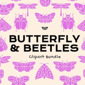 May include: A digital clipart bundle with a repeating pattern of purple butterflies, beetles, and dragonflies on a cream background. The text "BUTTERFLY & BEETLES Clipart Bundle" is displayed in black.
