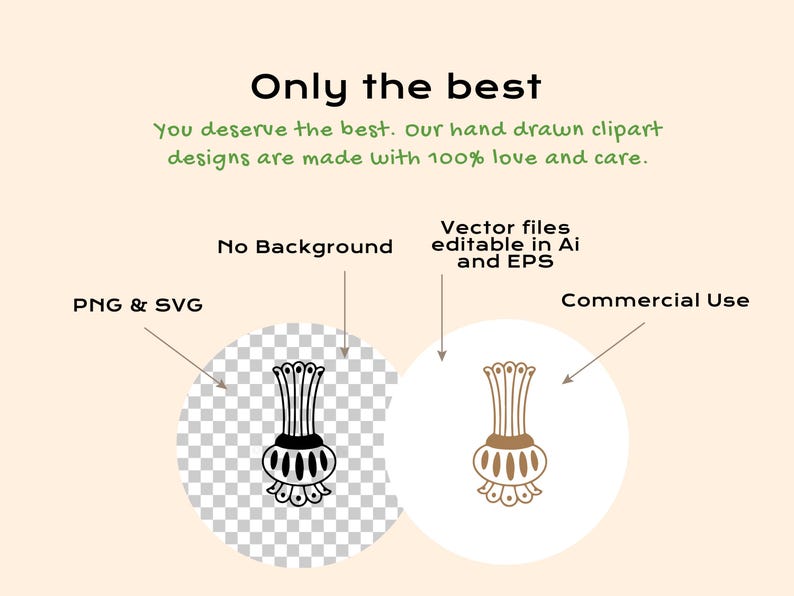 Pu&ograve; includere: Un grafico digitale che presenta due illustrazioni di vasi con il testo: Only the best, You deserve the best. Our hand drawn clipart designs are made with 100% love and care. Le etichette indicano PNG & SVG, No Background, Vector files editable in Ai and EPS, e Commercial Use.