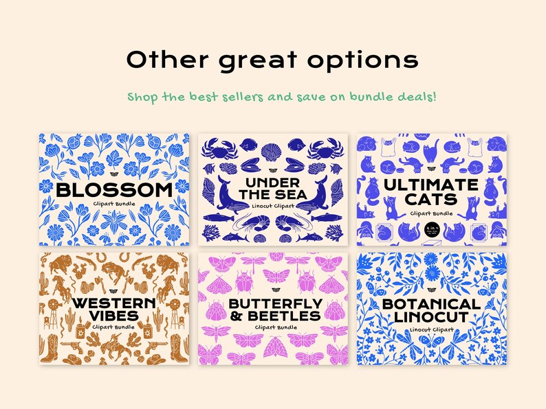 Puede incluir: Una pantalla digital que muestra seis paquetes de im&aacute;genes predise&ntilde;adas rectangulares con el texto Other great options y Shop the best sellers and save on bundle deals. Los paquetes incluyen Blossom, Under the Sea, Ultimate Cats, Western Vibes, Butterfly & Beetles y Botanical Linocut.