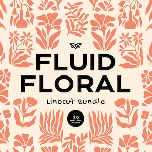 May include: A digital graphic design bundle featuring a repeating pattern of coral-colored linocut-style flowers and foliage on a cream background. The central text reads FLUID FLORAL Linocut Bundle with a small owl icon and a circle stating 25 PNG, SVG, AI, EPS.