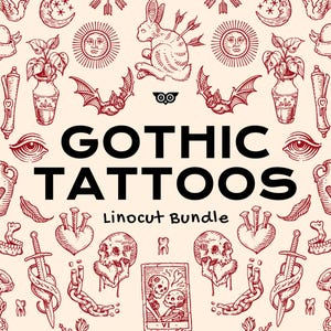 May include: A cream-colored background with a repeating pattern of red gothic tattoo illustrations. The design includes hearts, skulls, bats, rabbits, and the text "GOTHIC TATTOOS Linocut Bundle".